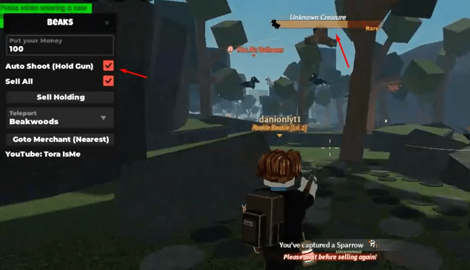 Beaks No Key script with auto shoot, Auto sell, teleport and Go to merchant option